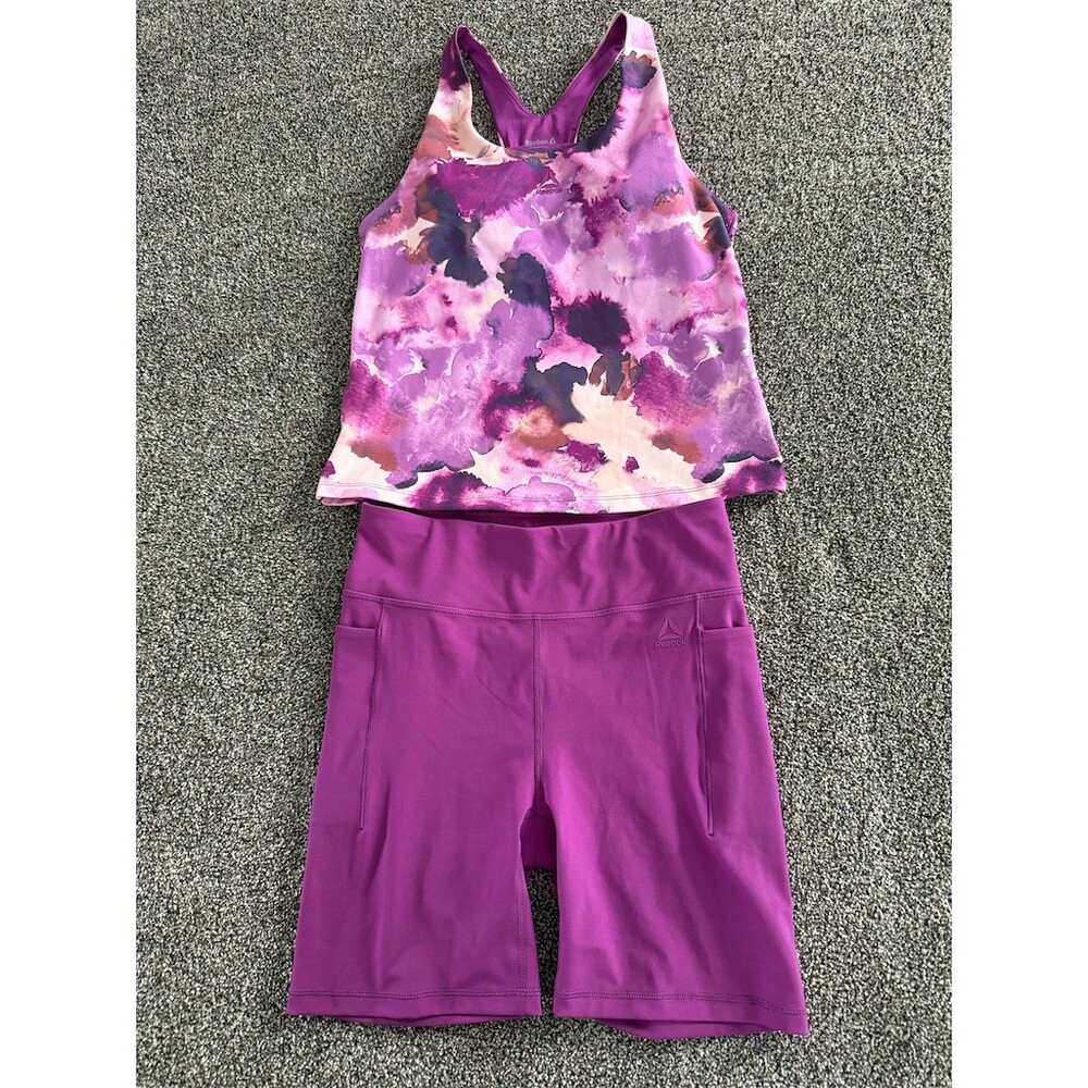Reebok Activewear Set Womens M Purple Print Racerback Bra Tank + Shorts